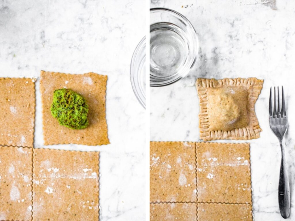 2 side by side photos showing how to fill and seal a vegan ravioli square with dairy free spinach ricotta filling.