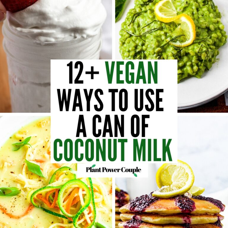 A grid with four photos of various coconut milk recipes with text in the center reading twelve plus vegan ways to use a can of coconut milk