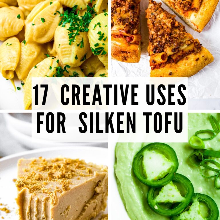 A grid with four photos: sheels and cheese, baked ziti pizza, peanut butter pie, avocado ranch; text reads: 17 creative uses for silken tofu