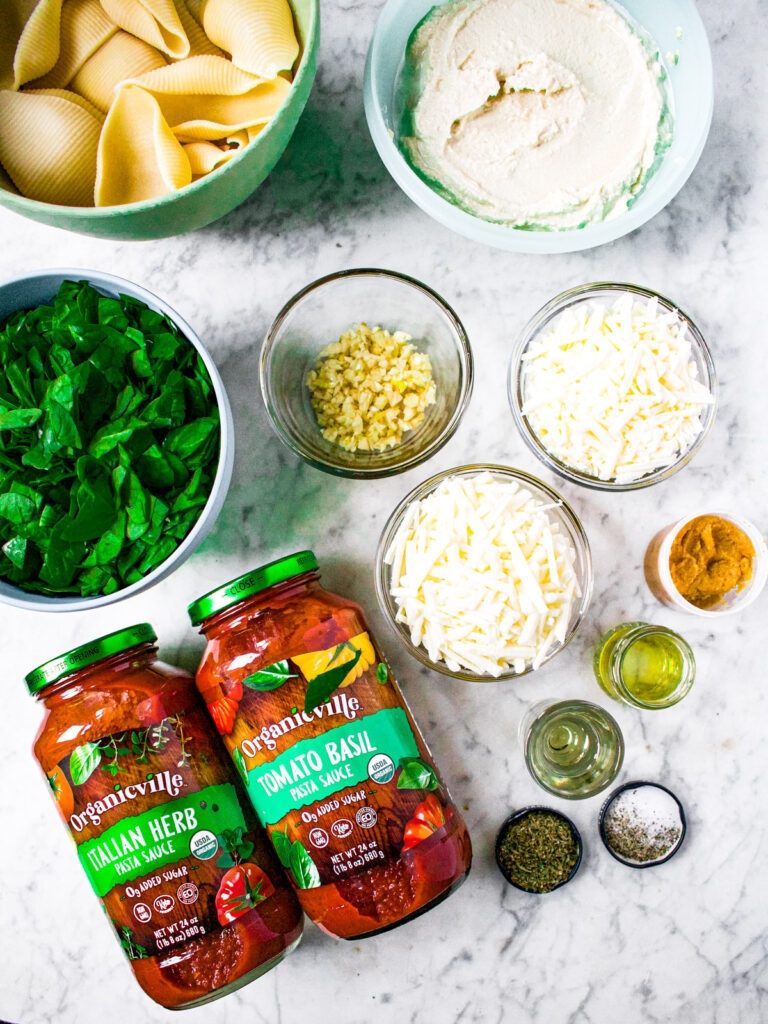 Overhead photo of all the ingredients you need to make Vegan Baked Conchiglioni