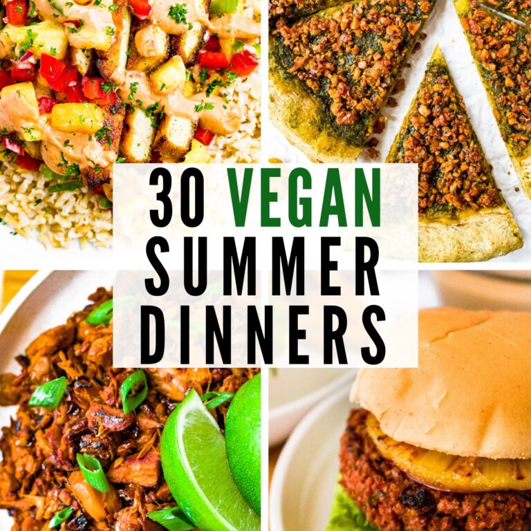 A grid of four photos with photos of plant based summer food with text reading 30 vegan summer dinners