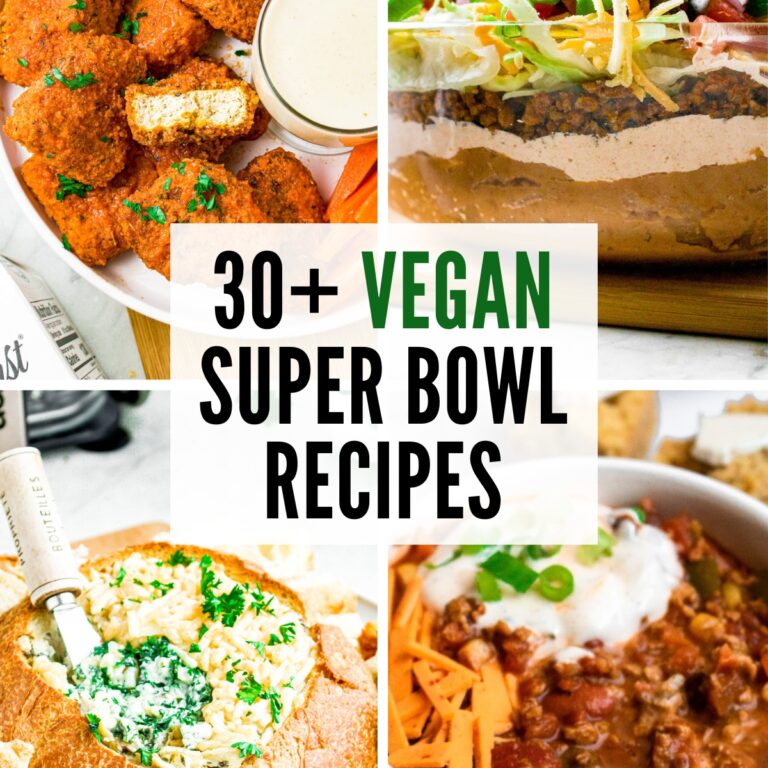 A grid with four photos of various vegan football party snack recipes with text reading thirty plus vegan super bowl recipes