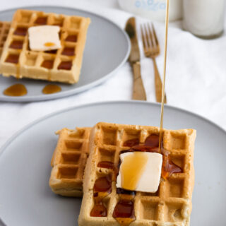 Easy, ten-ingredient, freezer-friendly and toaster-friendly homemade vegan waffles. Simple enough for the beginner cook to dazzle and the perfect addition to a Sunday brunch… or a Thursday dinner! #vegan #waffles #dairyfree #breakfast // plantpowercouple.com
