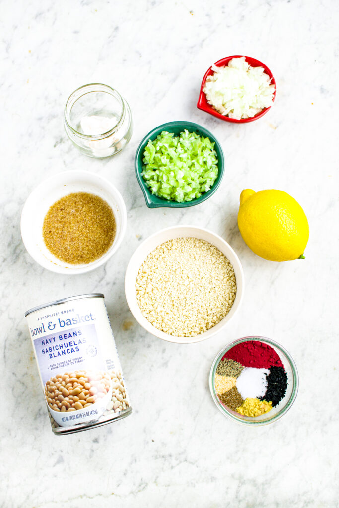 Overhead photo of all the ingredients you need to make vegan white bean burgers