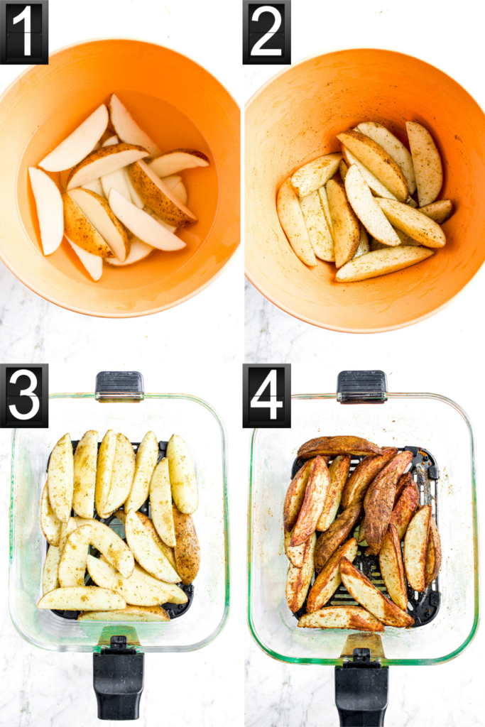 Grid with four overhead photos showing the process of soaking and air frying potato wedges