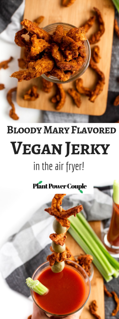 This meaty vegan jerky is made in the air fryer and full of that classic Bloody Mary cocktail flavor. The perfect snack to enjoy with a cold beer! #vegan #plantbased #jerky #recipe // plantpowercouple.com