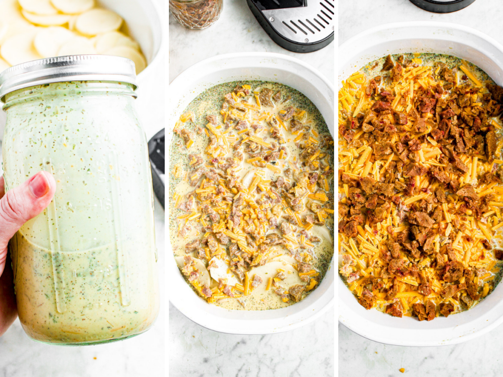 A grid with three photos: one is a hand holding a mason jar with egg mixture in it, second is the casserole before topping, third is the casserole after topping