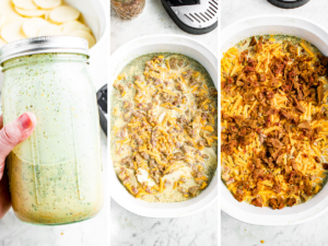 A grid with three photos: one is a hand holding a mason jar with egg mixture in it, second is the casserole before topping, third is the casserole after topping