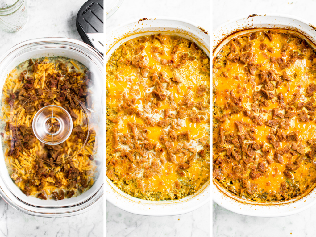 A grid with three photos showing the stages of baking this vegan breakfast casserole: covered, uncovered, after resting