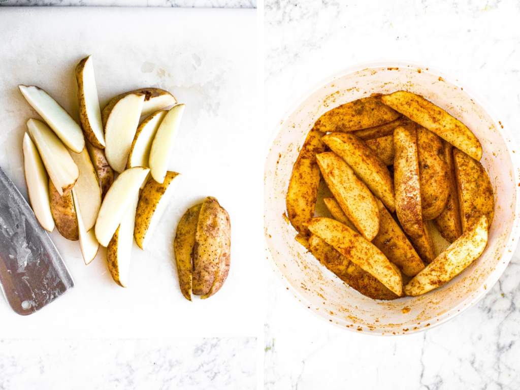 A grid with two photos showing the process of slicing and coating potato wedges before cooking