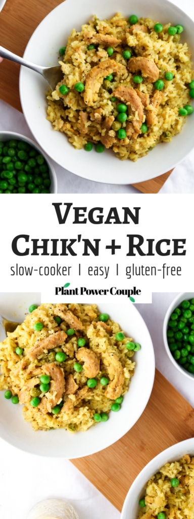 This easy slow cooker vegan chicken and rice is classic comfort food made vegan! Great for a busy weeknight or meal prep session, it's also healthy, gluten-free, and can easily be made oil-free. #vegan #crockpot #slowcooker #rice #soycurls // plantpowercouple.com