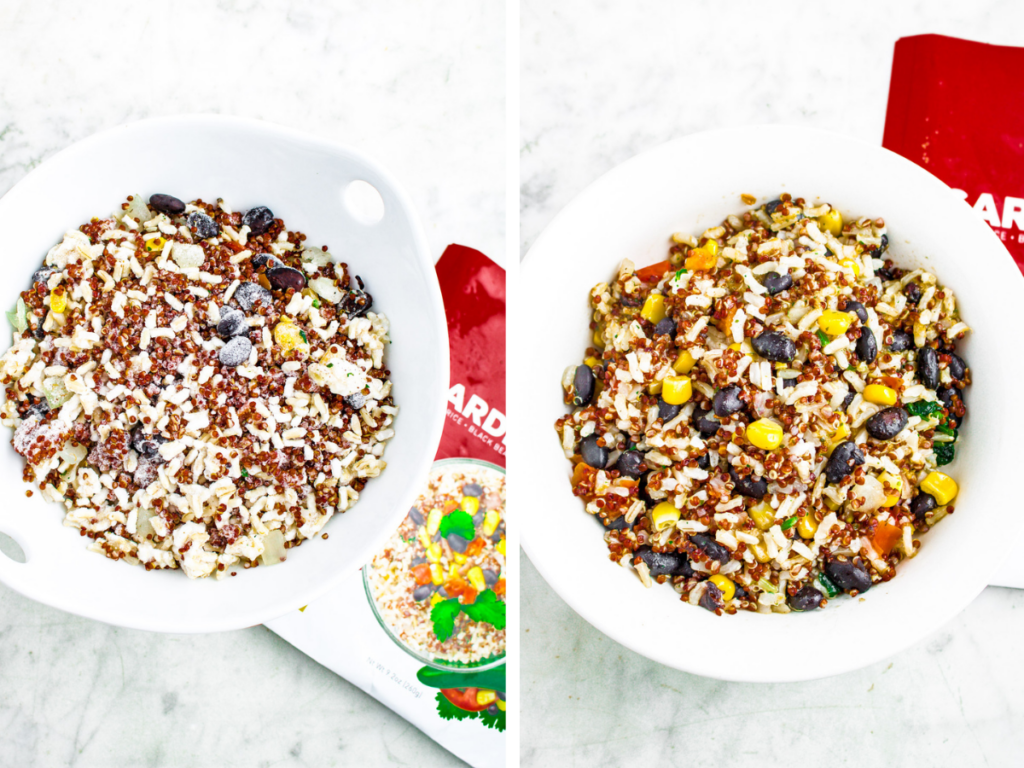 Two side by side photos showing what a Frozen Garden bowl looks like before and after microwaving