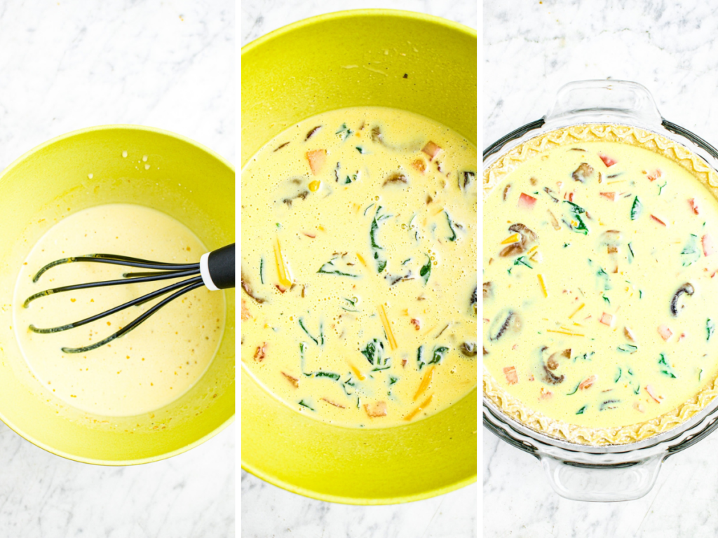A grid with three photos showing the process of making a plant-based quiche filling