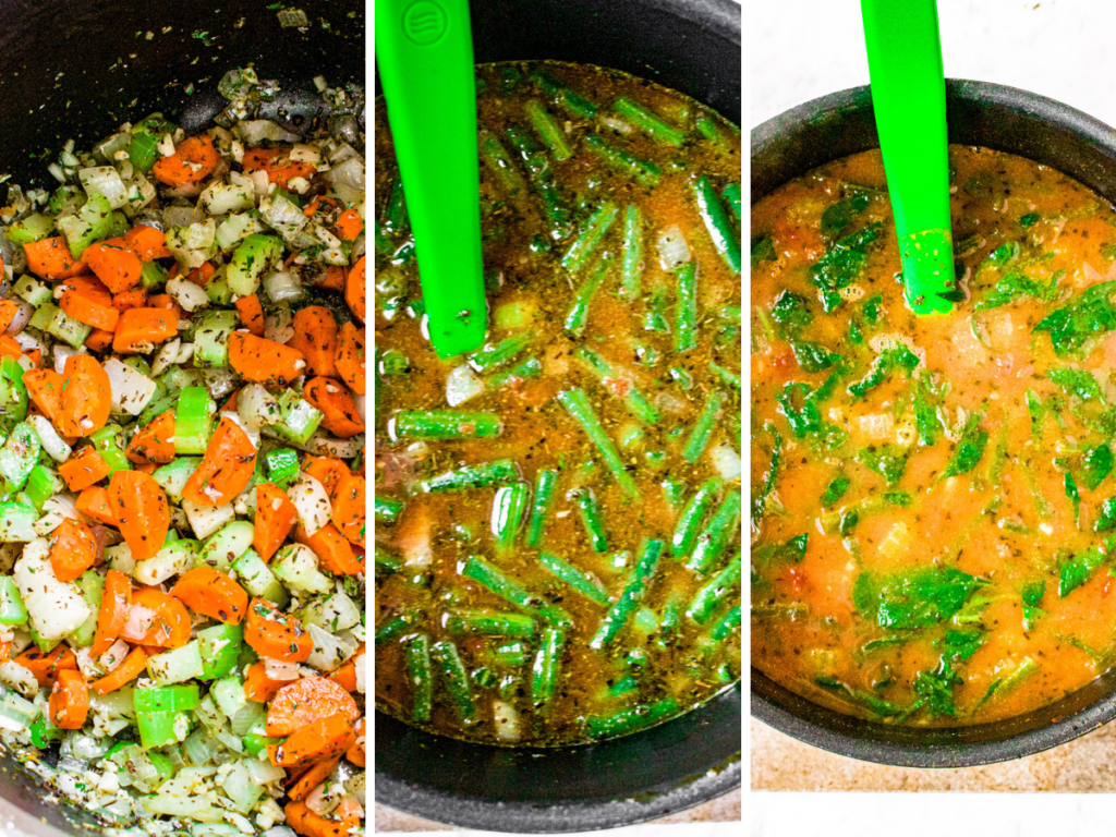 A grid of three overhead photos of a large soup pot in the various stages of making vegan minestrone soup