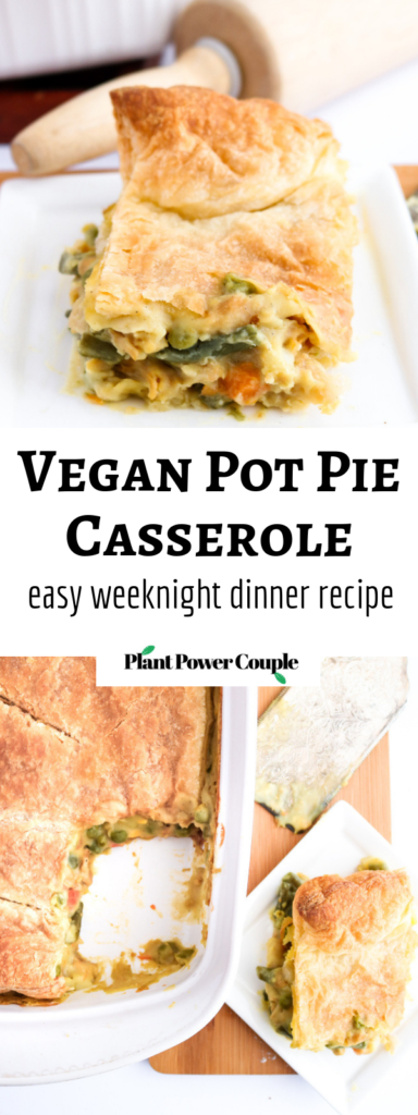 This vegan pot pie casserole is a quick, easy, and delicisously vegan version of the chicken pie I fell in love with in London back in the 90s. Made with tremendously simple and easily found ingredients, the hardest part of this dish is waiting for it to be done cooking! #vegan #vegetarian #vegandinner #potpie #soycurls #veganrecipes // plantpowercouple.com