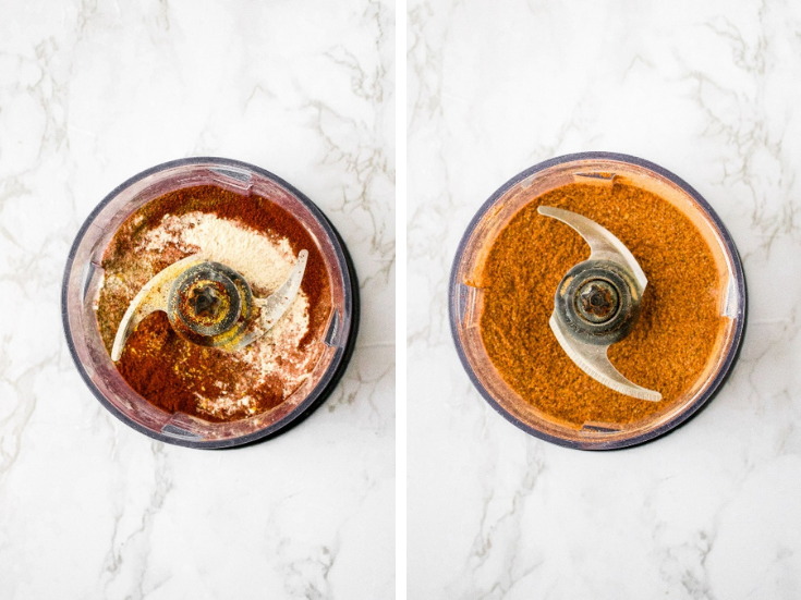 Copycat Red Robin Seasoning: paprika, sea salt, celery salt, nutritional yeast, chili powder, black pepper, dried basil, onion powder, ground cumin before and after pulsing in the food processor.