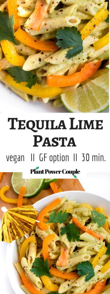 Vegan Tequila Lime Pasta recipe is going to be your favorite summer dinner! It’s easy to make, healthy, and FULL of fun summer flavor. Serve it cold as a side at all your outdoor BBQs or hot as a main dish with some grilled summer veg. #vegan #dinner #pasta #glutenfree // plantpowercouple.com