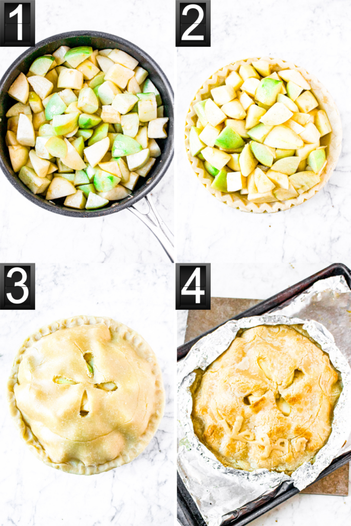 A grid of four overhead photos showing the process of making a vegan apple pie