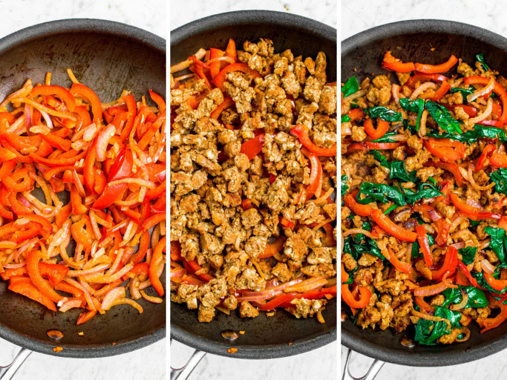 Three side by side photos showing the process of sauteeing peppers, onions, vegan sausage, and spinach