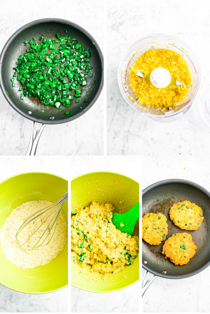 A grid of 5 photos showing the process of sauteing the veggies, chopping the corn, mixing the batter, and frying the vegan fritters