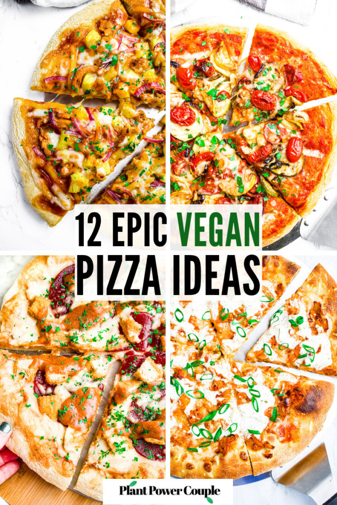 A grid of four photos of various pizza recipes with text reading twelve epic vegan pizza ideas