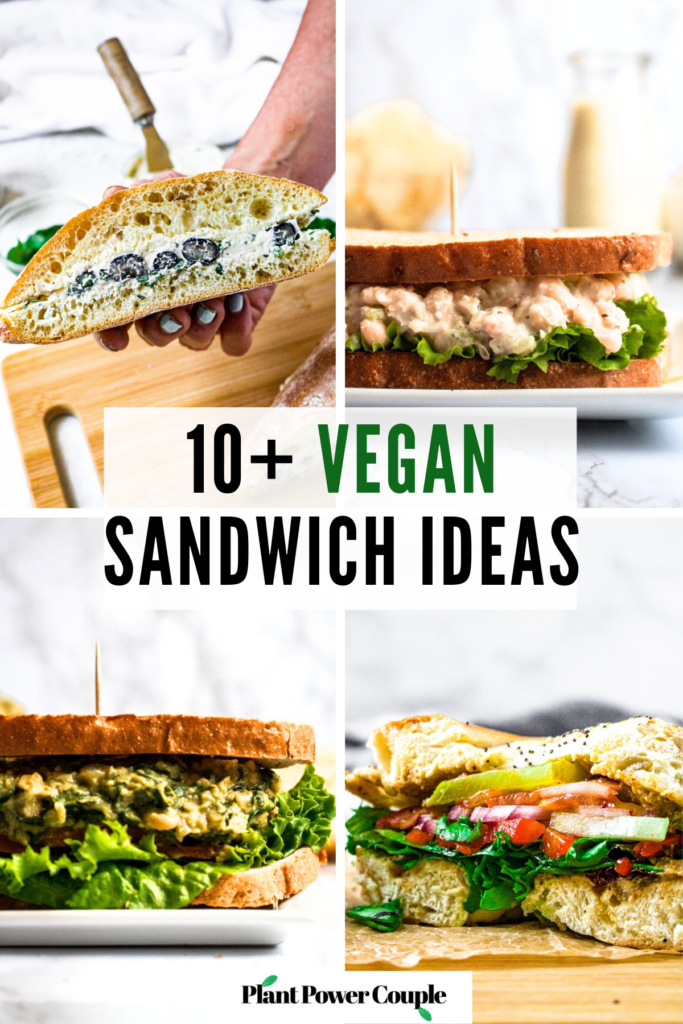 A grid with four photos of various vegan sandwiches. Text reads: 10 plus vegan sandwich ideas