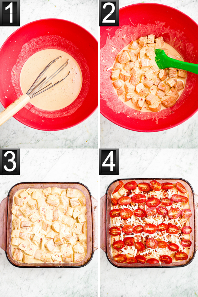 A grid of four photos showing the process of mixing and assembling a make ahead vegan breakfast casserole