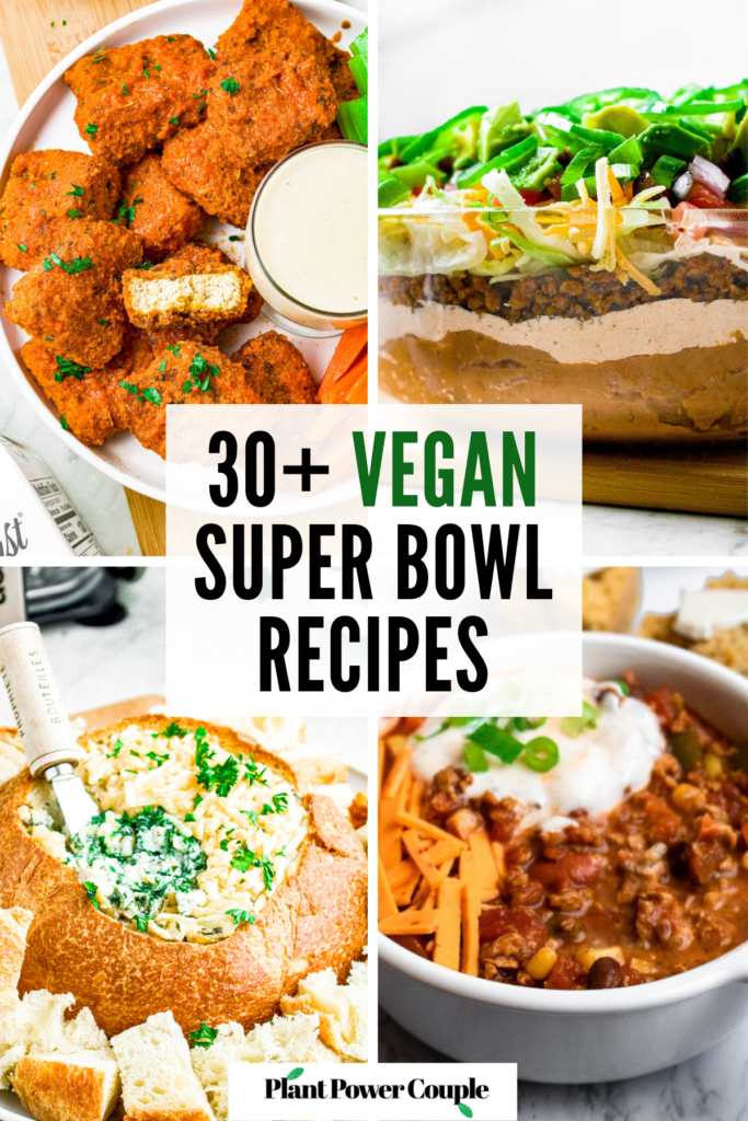 A grid with four photos of various vegan football party snack recipes with text reading thirty plus vegan super bowl recipes