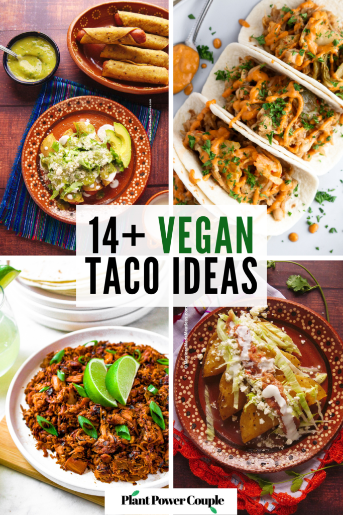 A grid with four photos showing various tacos on plates with text reading: fourteen plus vegan taco recipes