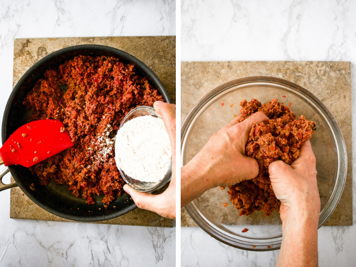 Step by step process shots of making vegan burgers. Sprinkling the wheat gluten into the vegan burger mix before kneading it with your hands to activate the gluten.