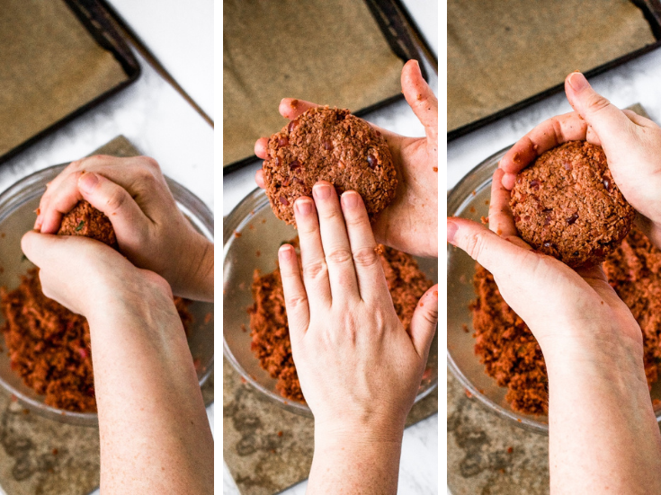 Step-by-step photos of how to form the best vegan burgers that won't fall apart while they cook: Roll the mixture into a ball and squeeze. Flatten gently. Clean up the edges and fix any cracks that formed.